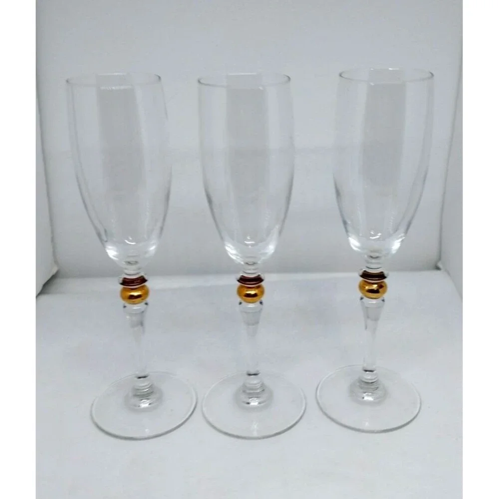 3 Champagne Flutes Cortina Gold Wafer in Stem by Cristal D'Arques-Durand